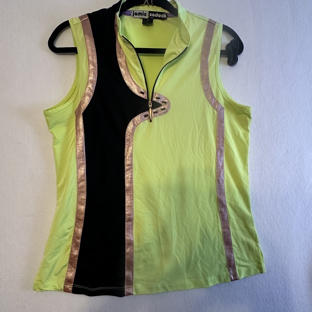 Jamie Sadock Lime Green Black Copper Zip Sleeveless Top Women Size M